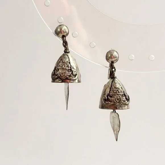 Siam Sterling Silver Vintage Screw Back Bells Hearts Charm Earrings - Picture 2 of 10